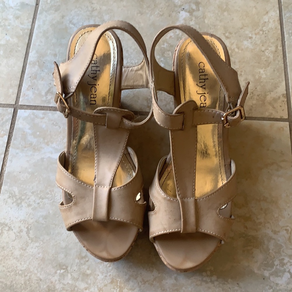 Cathy Jean Open-Toe Cork Wedge Heels